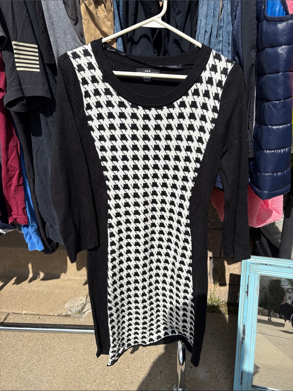 R&K Black and White Houndstooth Long Sleeve Dress